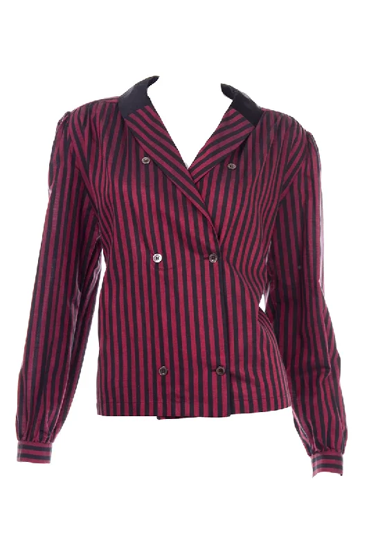 Valentino Vintage Red and Black Striped Cotton Long Sleeve Blouse