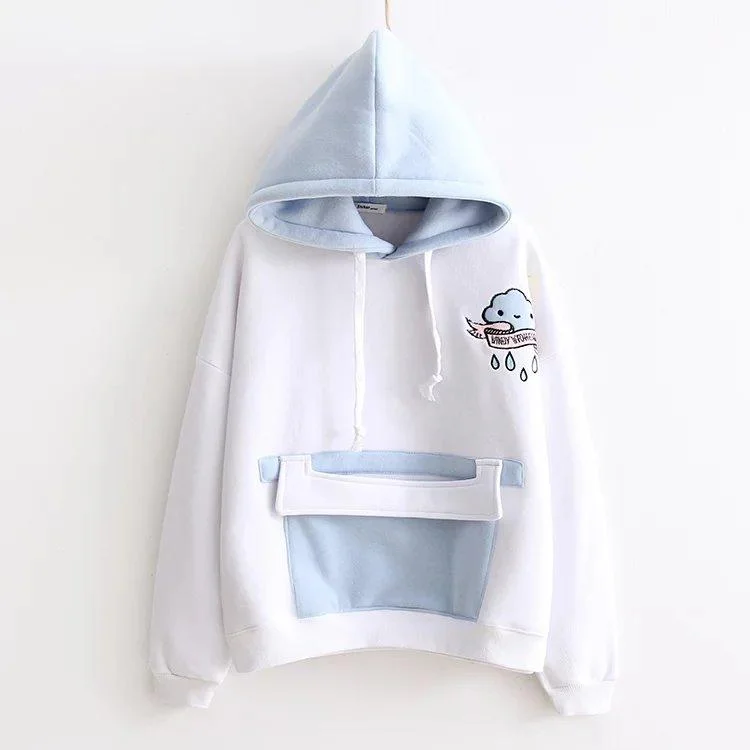 Women's Sweet Cloudy Embroidered And Monster Printed Constrast Color Hoodies