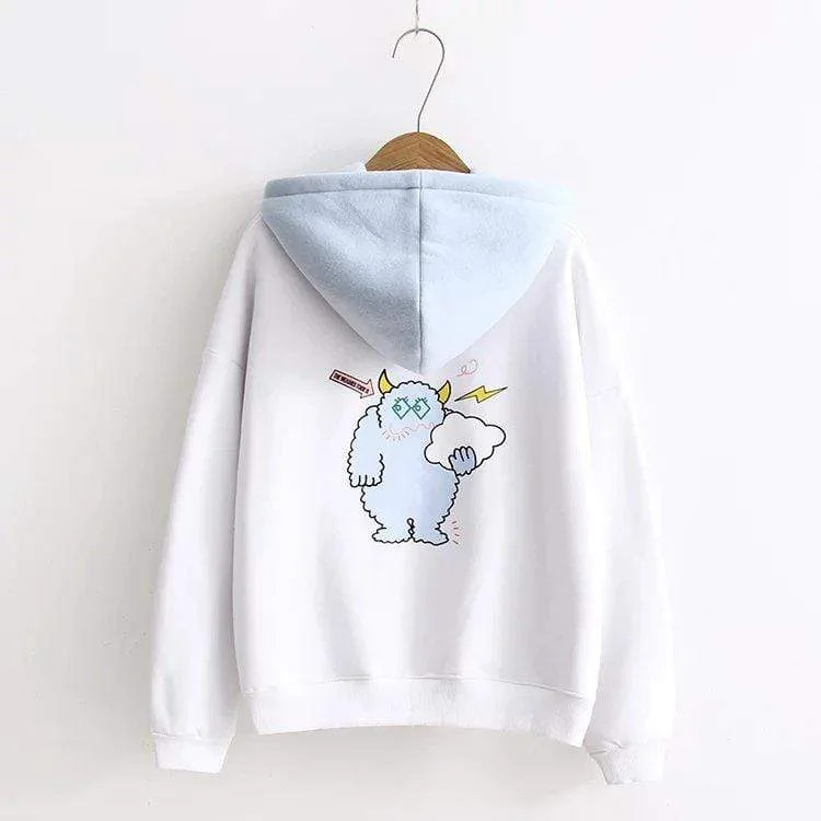 Women's Sweet Cloudy Embroidered And Monster Printed Constrast Color Hoodies