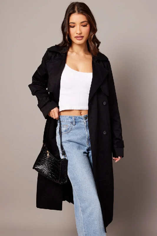 Black Trench Coat Long Sleeves Cotton