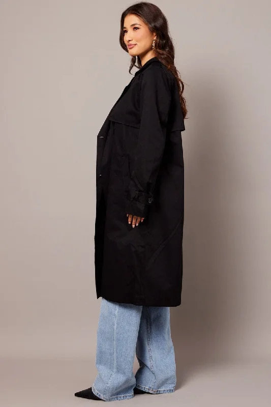 Black Trench Coat Long Sleeves Cotton