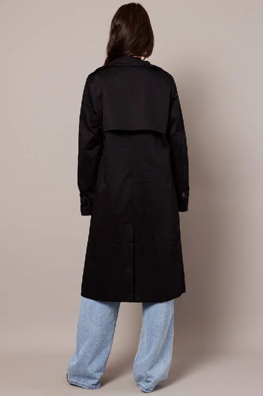 Black Trench Coat Long Sleeves Cotton