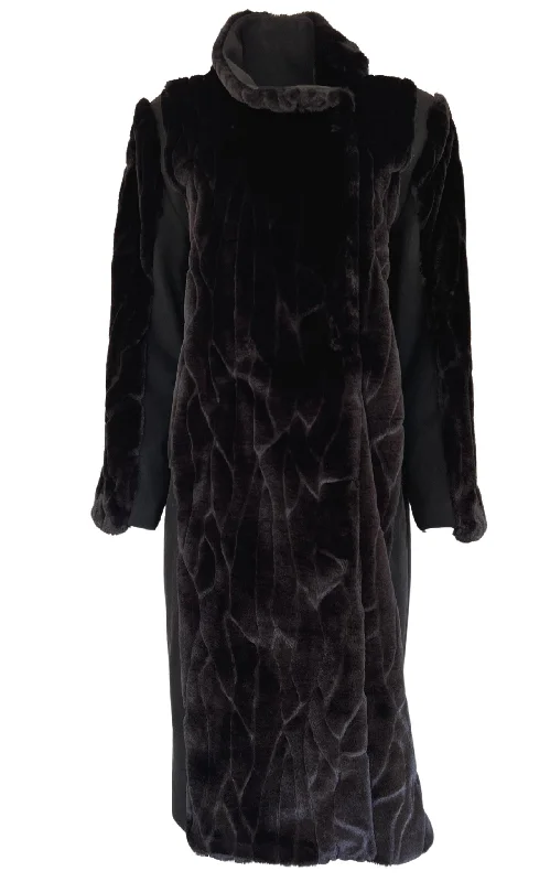 Black Faux Fur Details Long Trench Coat