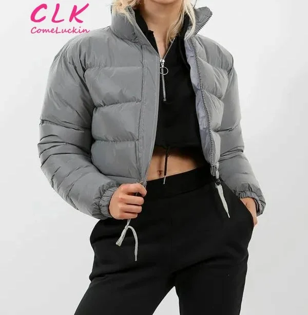 Custom Logo Thick Drawstring Parkas Zipper Women Short Puffer Jacket Cotton-padded 2023 Winter Soild Bubble Coat