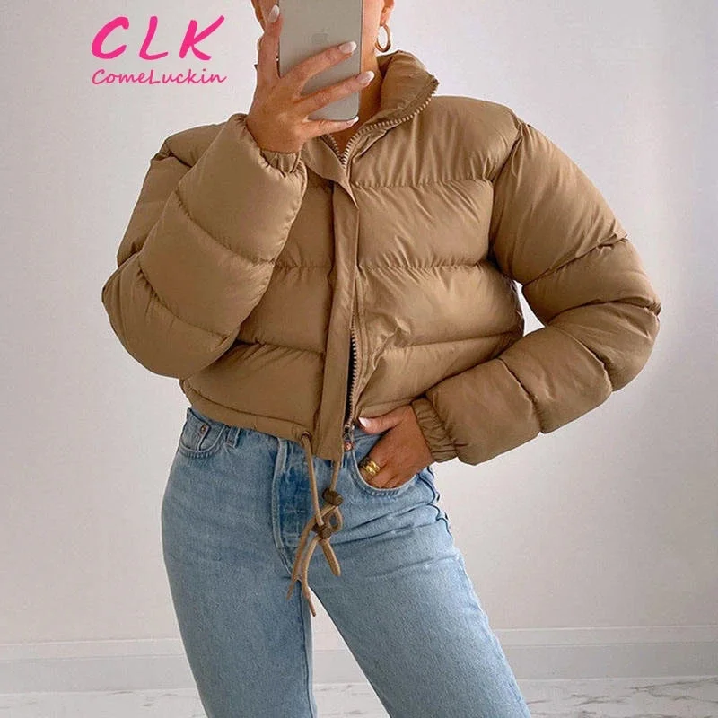 Custom Logo Thick Drawstring Parkas Zipper Women Short Puffer Jacket Cotton-padded 2023 Winter Soild Bubble Coat