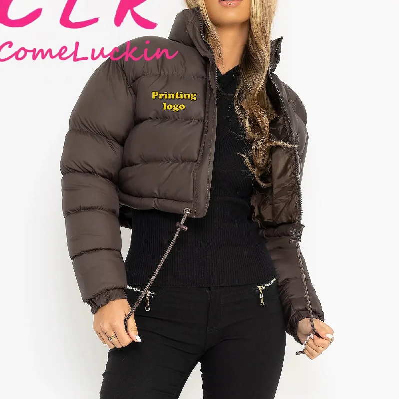 Custom Logo Thick Drawstring Parkas Zipper Women Short Puffer Jacket Cotton-padded 2023 Winter Soild Bubble Coat