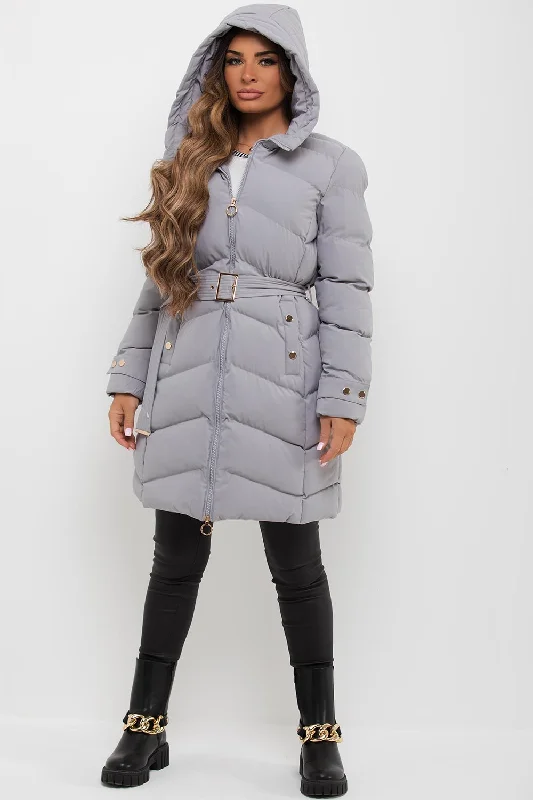 Grey Long Puffer Coat With Belt And Gold Button Detail