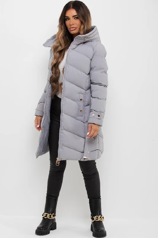 Grey Long Puffer Coat With Belt And Gold Button Detail