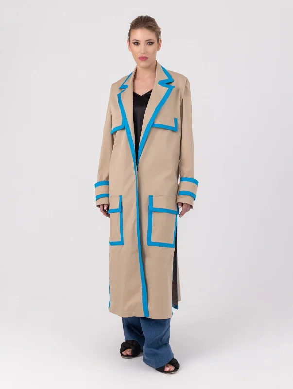 REVERS MAXI COAT “IRA” IN LIGHT BEIGE COTTON WITH LIGHT BLUE DETAILS