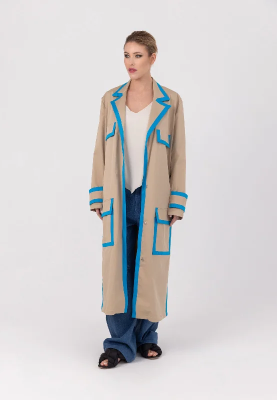 REVERS MAXI COAT “IRA” IN LIGHT BEIGE COTTON WITH LIGHT BLUE DETAILS