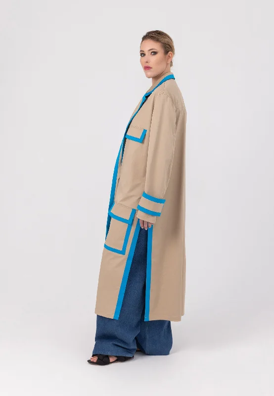 REVERS MAXI COAT “IRA” IN LIGHT BEIGE COTTON WITH LIGHT BLUE DETAILS