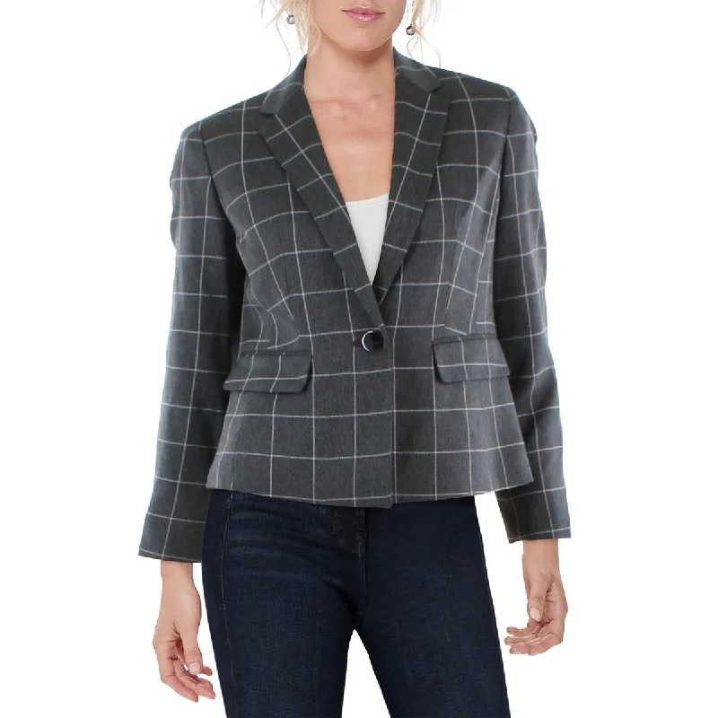 Le Suit Womens Petites Herringbone Window Pane One-Button Blazer