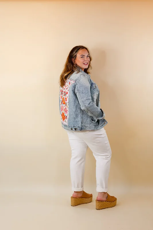 Prime Time Floral Embroidered Denim Jacket in Light Wash