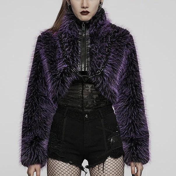 Purple Faux Vegan Wool Coat w/ Large Zipper and Chain Detail