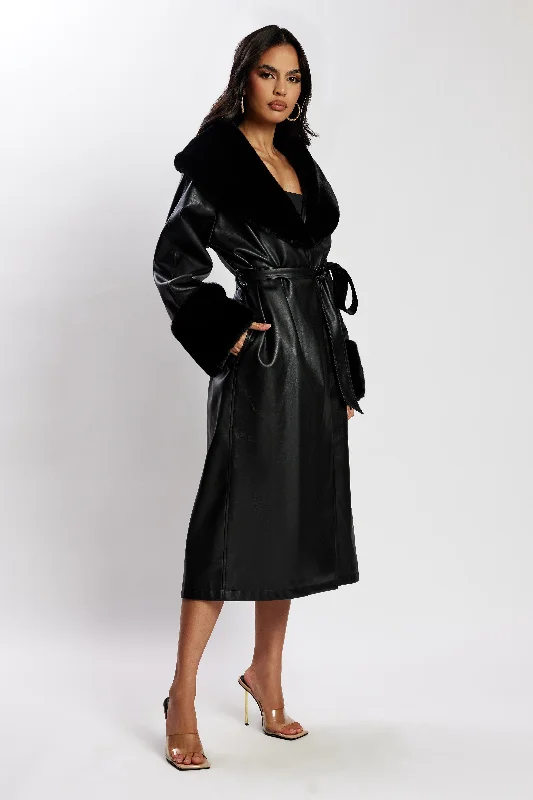 Rebekah Oversized Pu Trench Coat With Fur Trim - Black