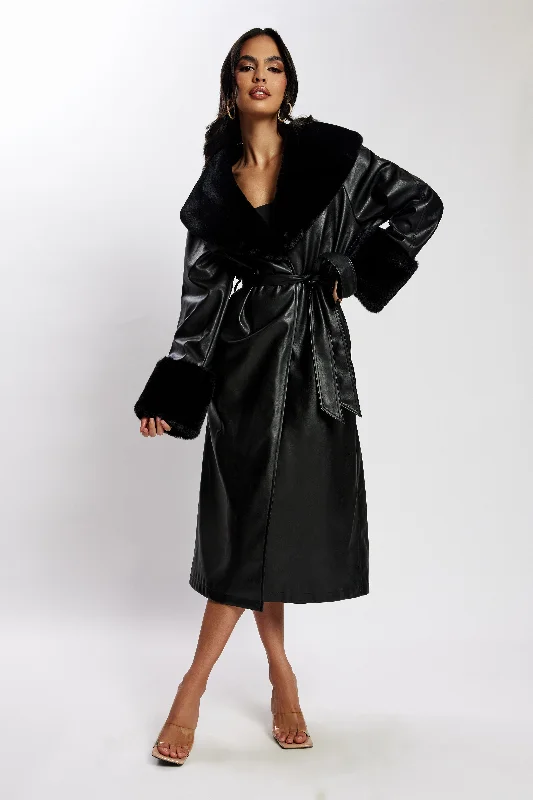 Rebekah Oversized Pu Trench Coat With Fur Trim - Black