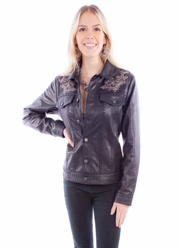 Scully Womens Classic Scroll Embroidery Black Leather Leather Jacket