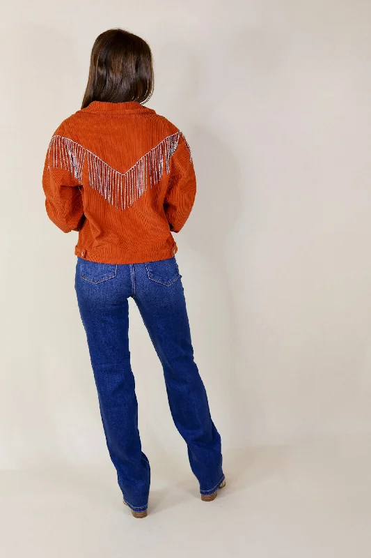 Signature Moves Button Up Corduroy Jacket with Crystal Fringe Back in Rust Orange