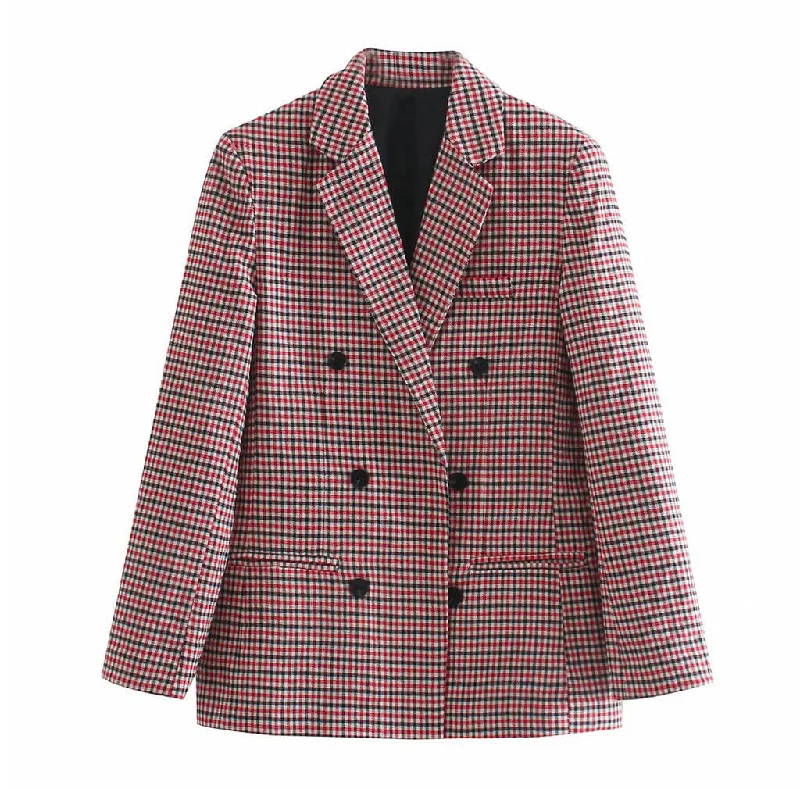 Vintage Double-Breasted Long Sleeve Collared Checked Blazer - Red