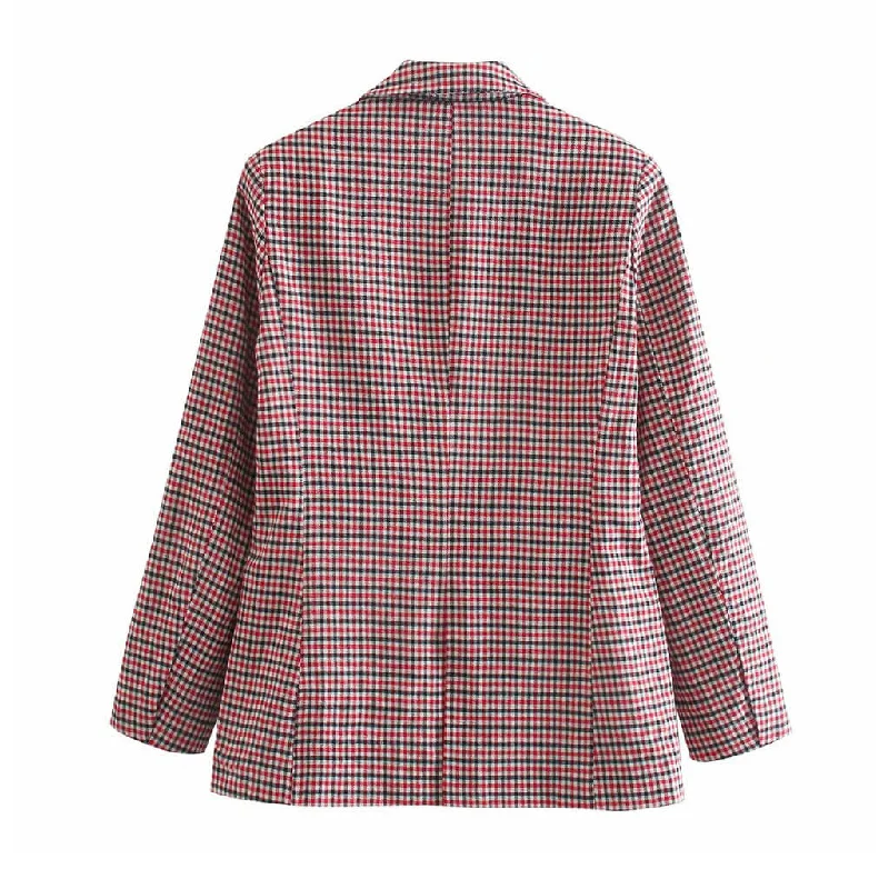 Vintage Double-Breasted Long Sleeve Collared Checked Blazer - Red