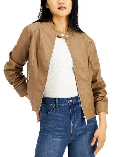 Women Brown Faux Leather Snap Collar Jacket