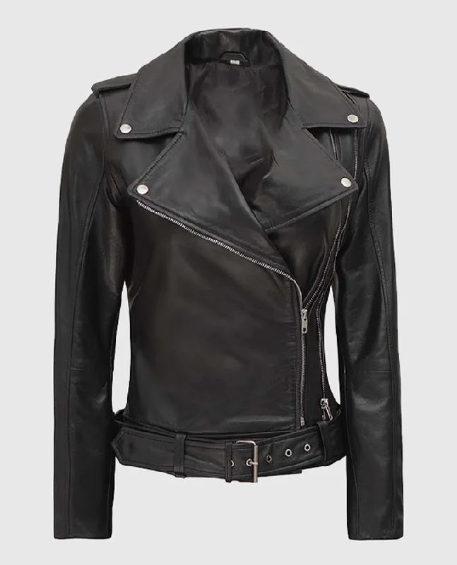 Women's Black Asymmetrical Leather Biker Jacket