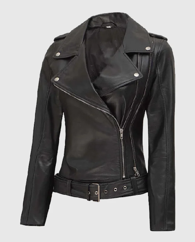 Women's Black Asymmetrical Leather Biker Jacket