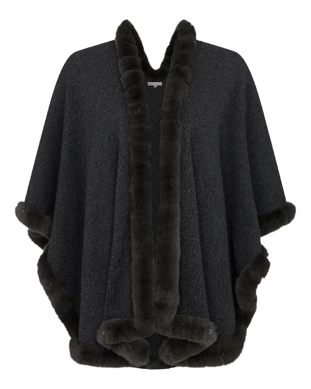 Women's Ayla Fur Trim Cashmere Cape Dark Charcoal Grey