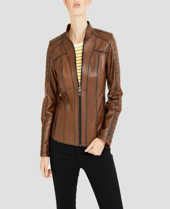 Womens Quilted Waxed Brown Leather Biker Jacket