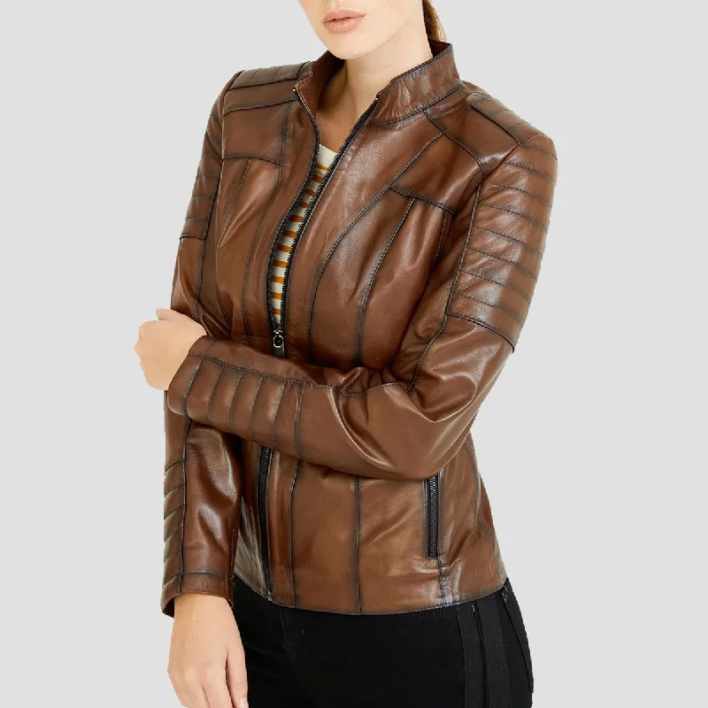 Womens Quilted Waxed Brown Leather Biker Jacket