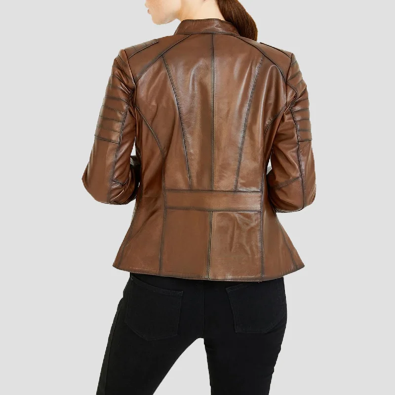 Womens Quilted Waxed Brown Leather Biker Jacket