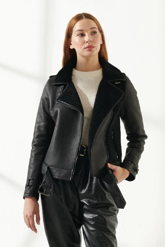 Women's Shiny Black Shearling Leather Jacket