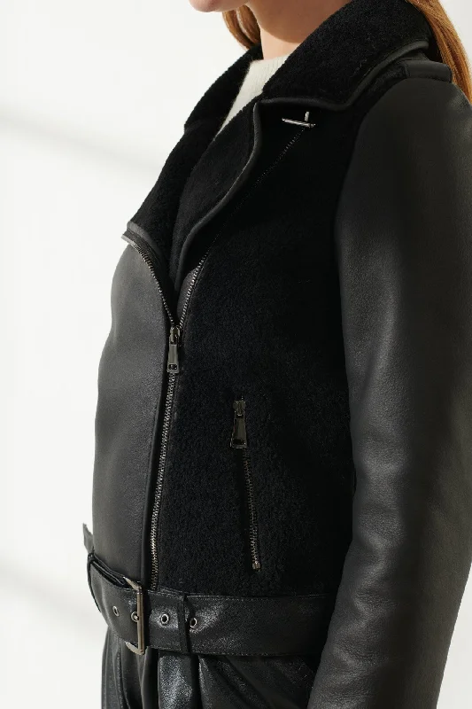 Women's Shiny Black Shearling Leather Jacket