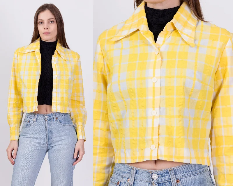 70s Yellow & White Seersucker Plaid Cropped Jacket - Medium