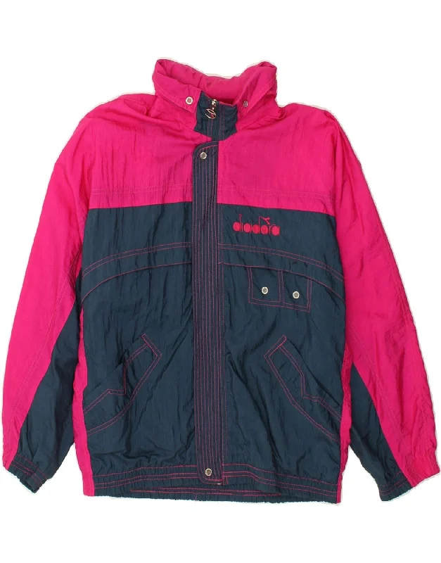 DIADORA Womens Hooded Tracksuit Top Jacket UK 14 Medium Pink Colourblock