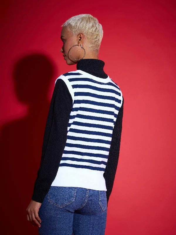 Women Navy & White Striped V-Neck Sleeveless Sweater