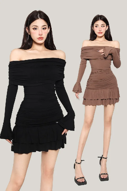 Clara Solid Color Off the Shoulder Long Sleeve Ruched Slim Ruffle Mini Dress