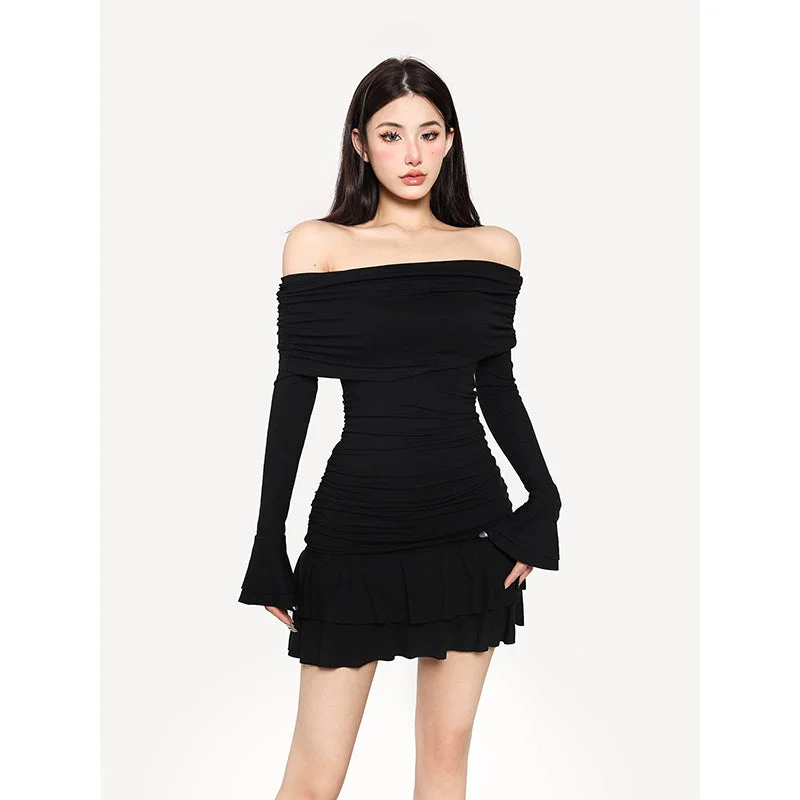 Clara Solid Color Off the Shoulder Long Sleeve Ruched Slim Ruffle Mini Dress