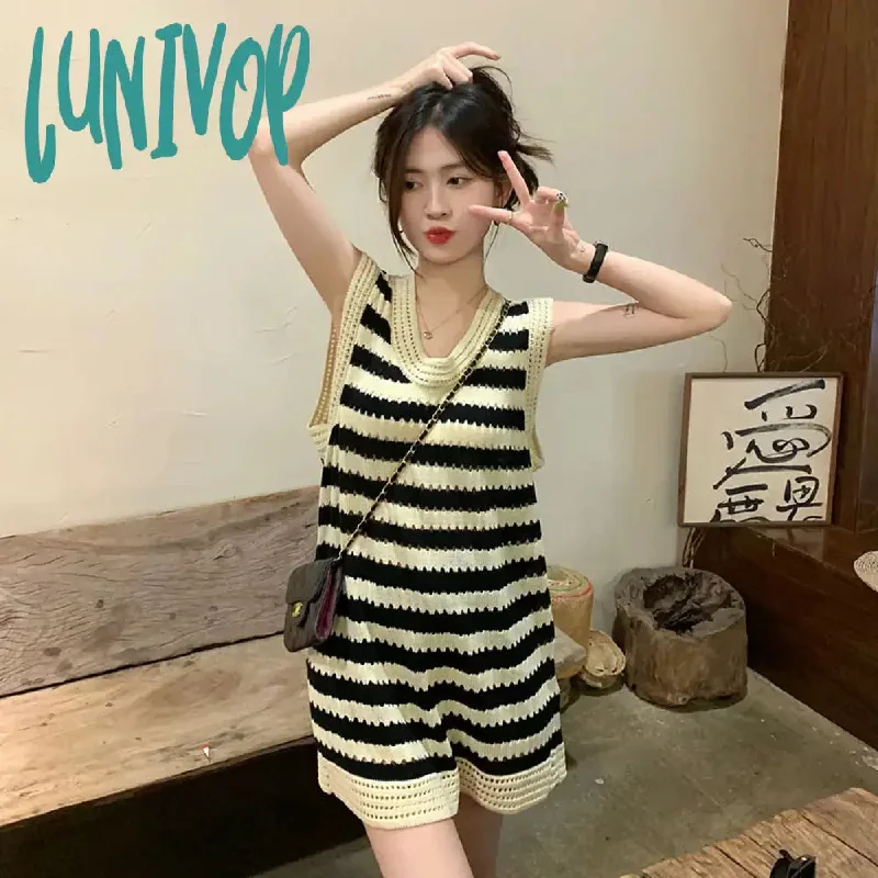 Lunivop French Retro Striped Dress Women's Summer 2024 New Sleeveless Loose Slim Knitted Short Skirt Casual Dress