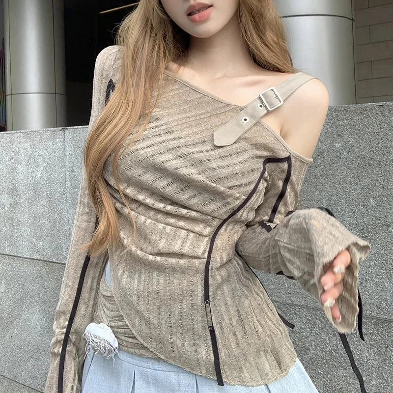 Lunivop Vintage One Shoulder Knit Slim Fit Irregular Hem T Shirt Korean Grunge Y2K Crop Tops Summer Ruched Long Sleeve Tees Shirt