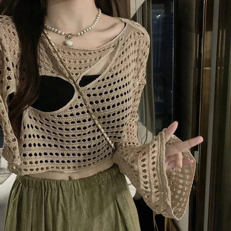 Lunivop Y2K Sheer Crop Sweater Women Sexy Hollow Out Long Sleeve Crochet Pullovers Vintage Streetwear Loose Casual Sunscreen Tops