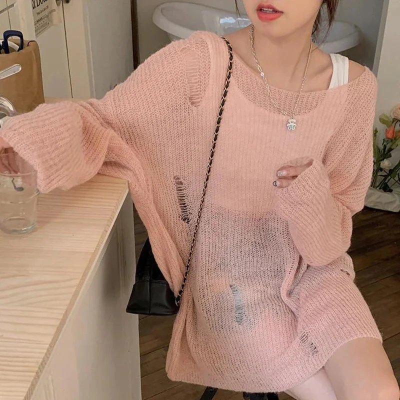 Lunivop Y2K Women Fluffy Off-shoulder Sweater Solid Color Loose Ripped Long Sleeve Knitwear Summer Fall Streetwear Pullover Cover Ups