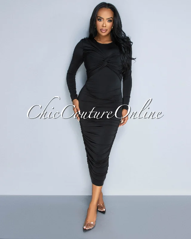 Razelle Black Twist Bust Ruched Midi Dress