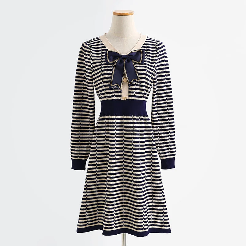 Design sense aging knitted striped dress with slim temperament  2281