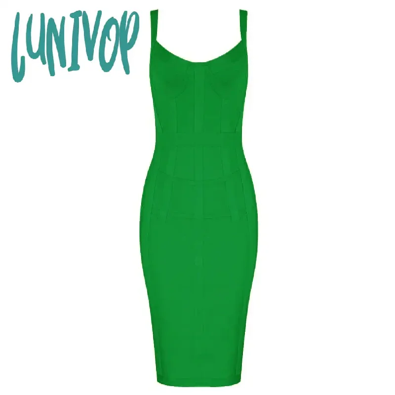 Lunivop  Sexy Sleeveless V Neck Yellow Midi Women Bodycon Bandage Dress Fashion Evening Party Dress Vestido