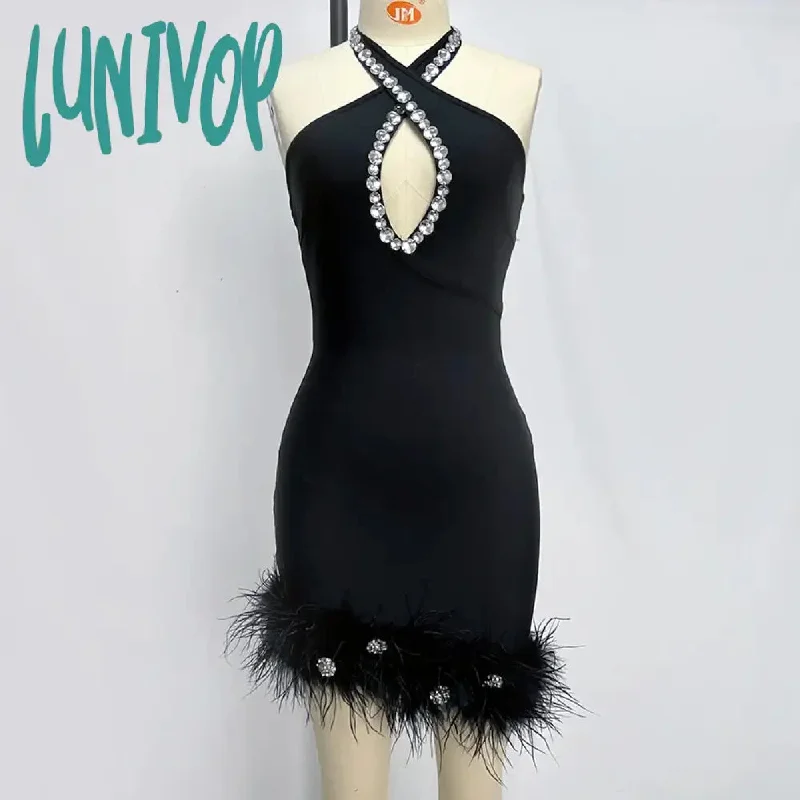 Lunivop Women Elegant Luxury Sexy Sleeveless Backless Halter Feather Crystal Mini Bandage Dress Vestidos Para Mujer Party Club Dress