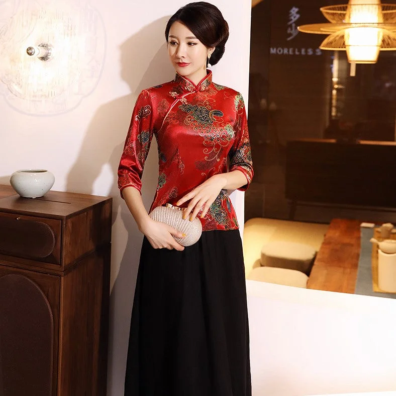 3/4 Sleeve Mandarin Collar Floral Velvet Chinese Shirt Traditional Costume