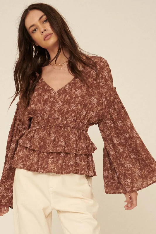 Bohemian Bouquet Floral Bell-Sleeve Peasant Top