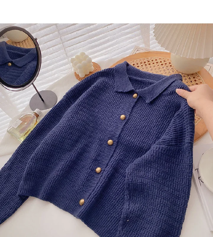 Casual Vintage Lapel long sleeve loose knit top  5872