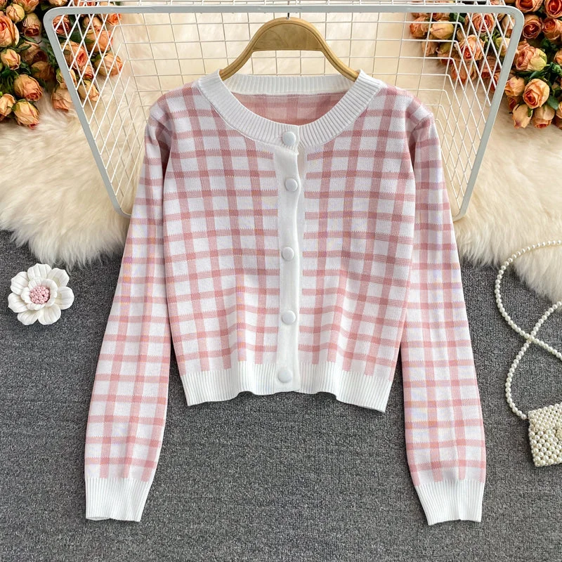 Cute Plaid Long Sleeve Cardigan Sweater  141